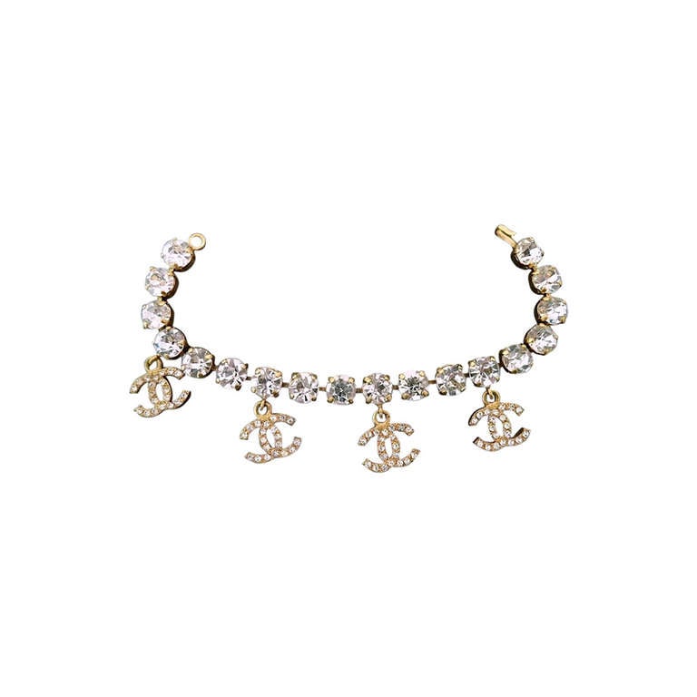 Vintage Chanel Charms CC Logo Rhinestone Bracelet For Sale