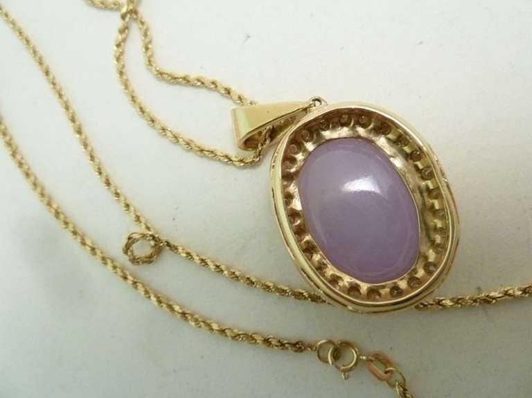 Women's or Men's Diamond & Lavender Jade 14kt Gold Pendant Necklace For Sale
