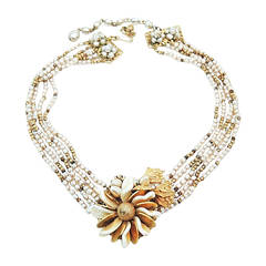 Vintage Signed Miriam Haskell Multi-Strand Faux Pearl Floral Necklace
