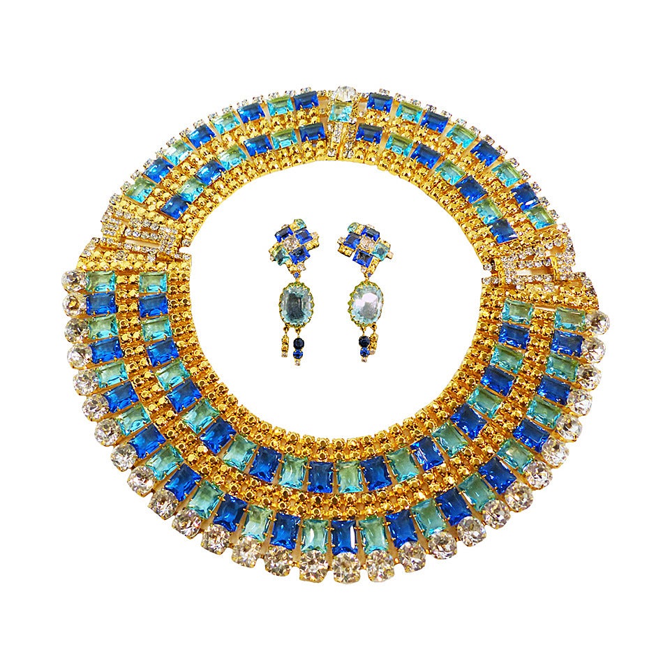 One-of-a-kind Robert Sorrell Blue, Green, Clear Rhinestone Necklace & Earrings