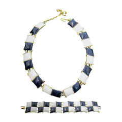 Vintage Signed Kramer Navy Blue & White Necklace & Bracelet Set