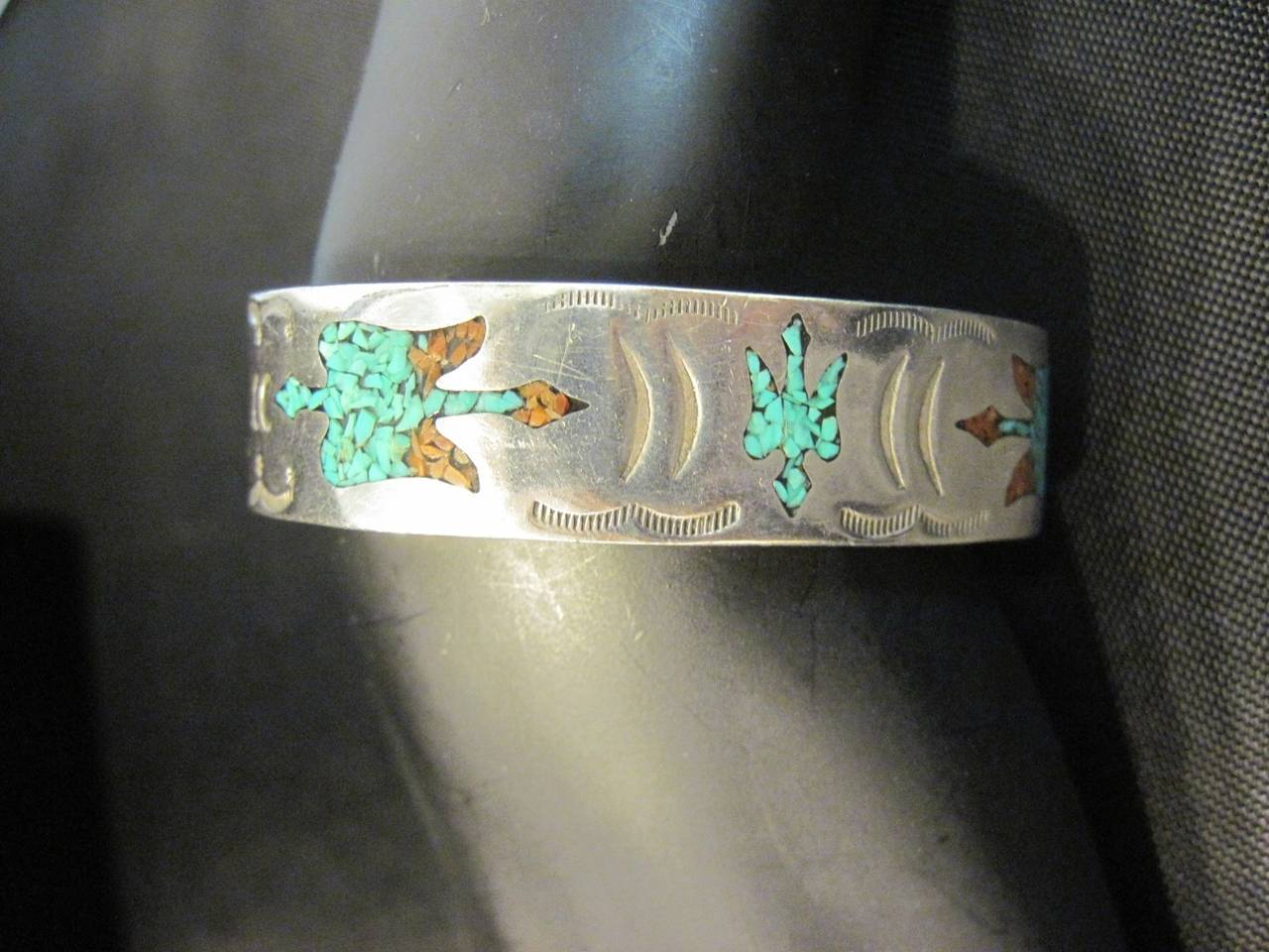 Vintage American Indian Pawn Turquoise, Coral Sterling Silver Cuff Bracelet In Excellent Condition In New York, NY