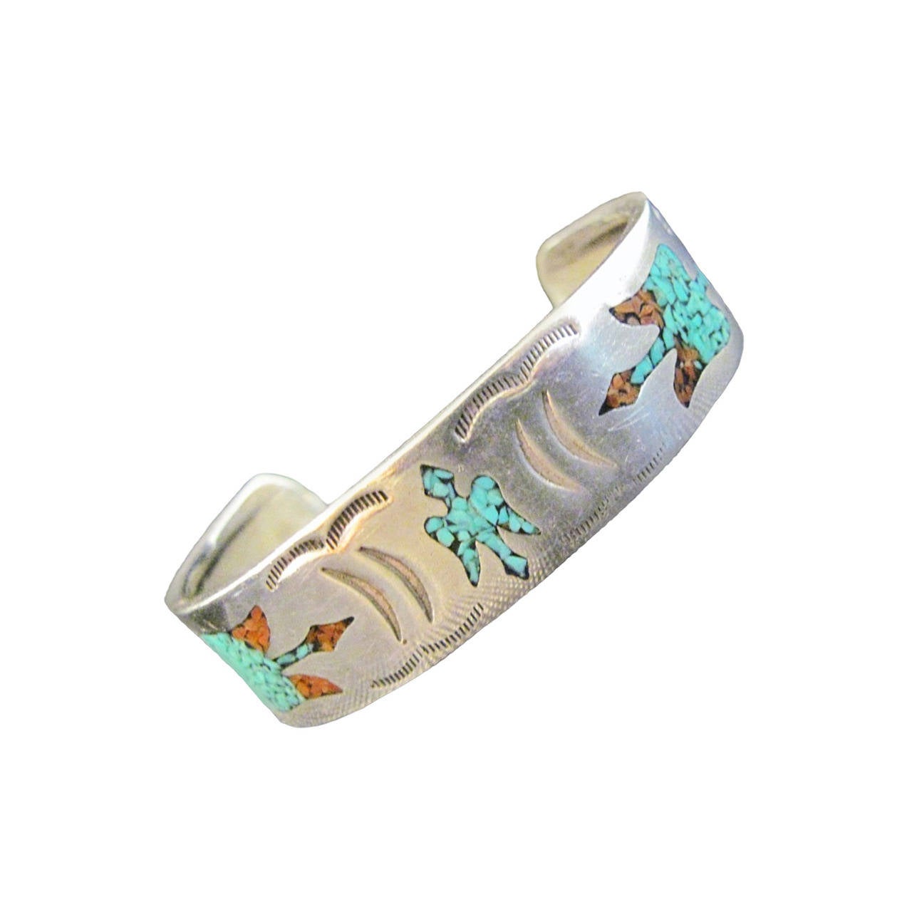 Vintage American Indian Pawn Turquoise, Coral Sterling Silver Cuff Bracelet