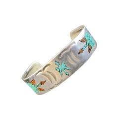 Vintage American Indian Pawn Turquoise, Coral Sterling Silver Cuff Bracelet