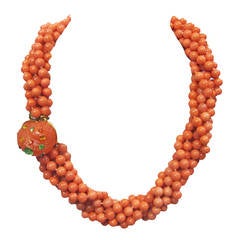 KJL Retro 6-strands of coral glass necklace with sea shell clasp
