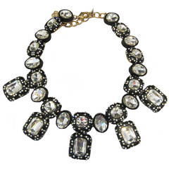 Oscar de la Renta Black Enamel & Clear Rhinestone Necklace 8