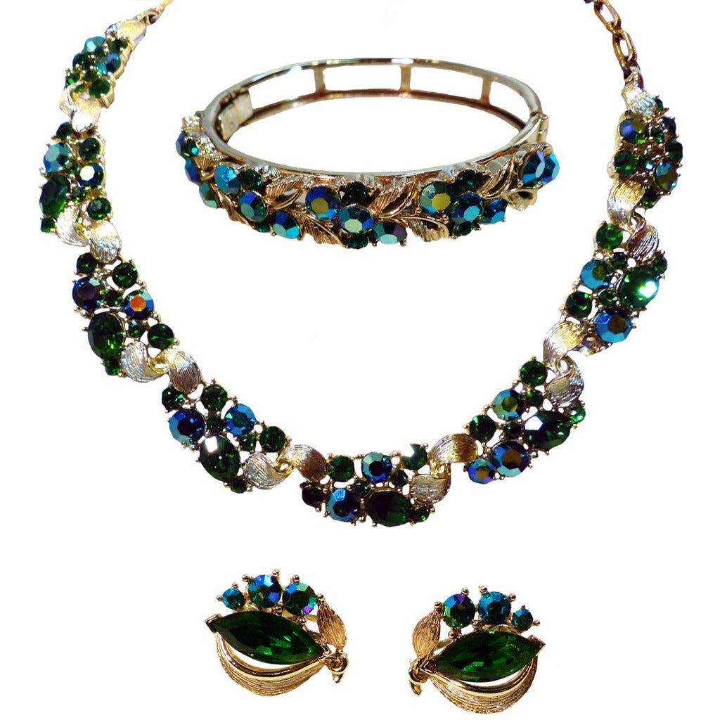 Vintage Lisner Green Rhinestone Necklace, Bracelet & Earrings