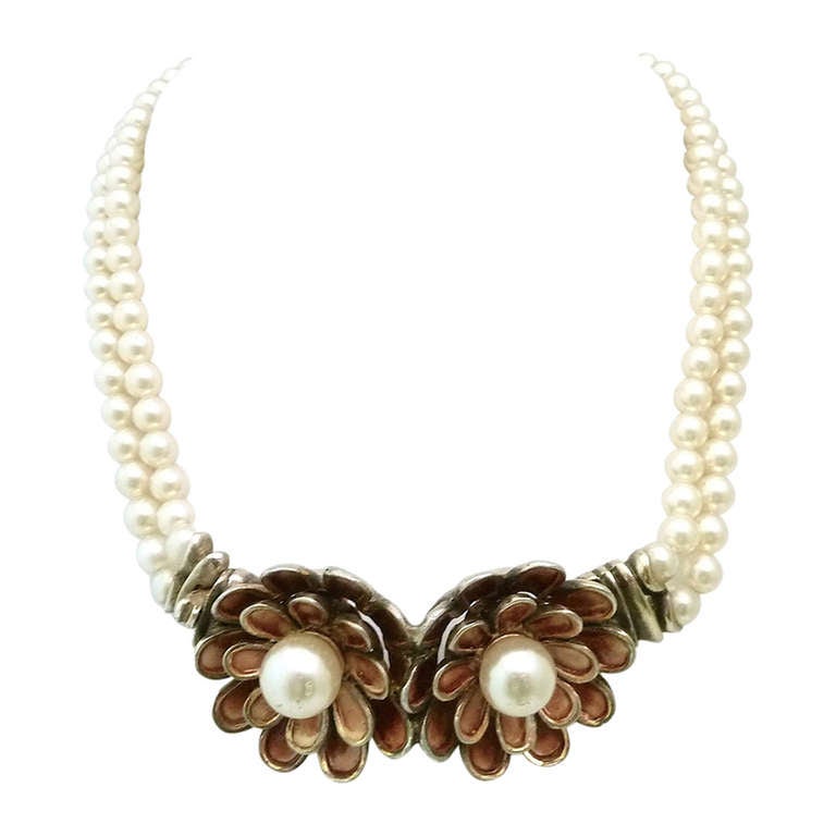 Vintage DeRosa Sterling Silver and Faux Pearl Necklace