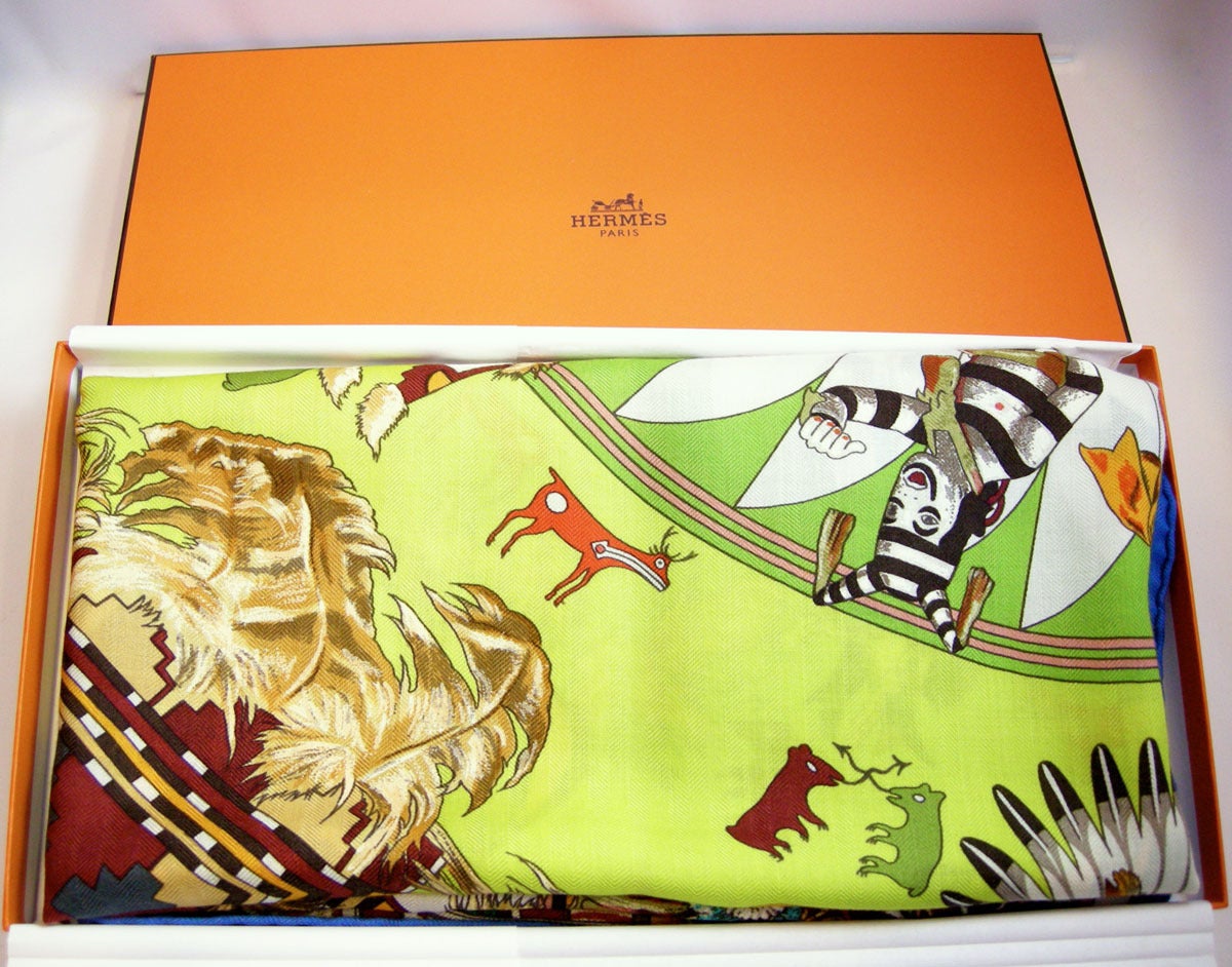 Authentic Vintage Hermes Huge Kachinas Cashmere Scarf By Kermit Oliver