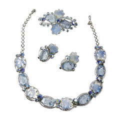 Retro Blue Frosted Leaves and Glass Necklace, Brooch and Earring Set