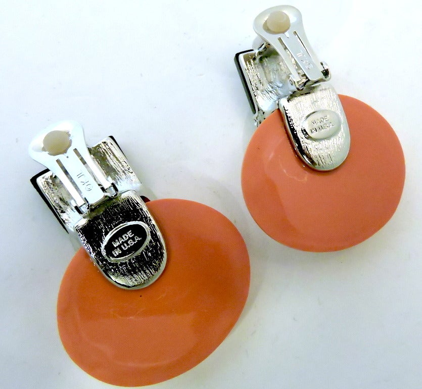 Contemporary Signed KJL Coral, Onyx & Rhinestone Earrings For Sale