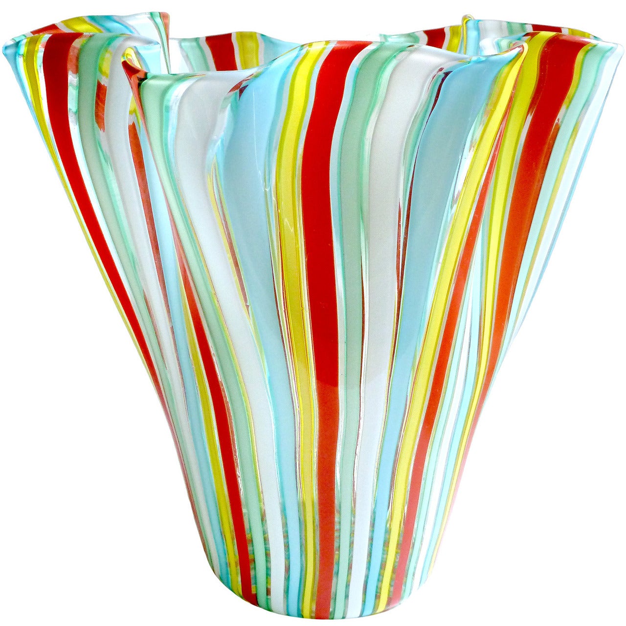 Fratelli Toso Murano Rainbow Filigrana Ribbons Italian Art Glass Flower Vase