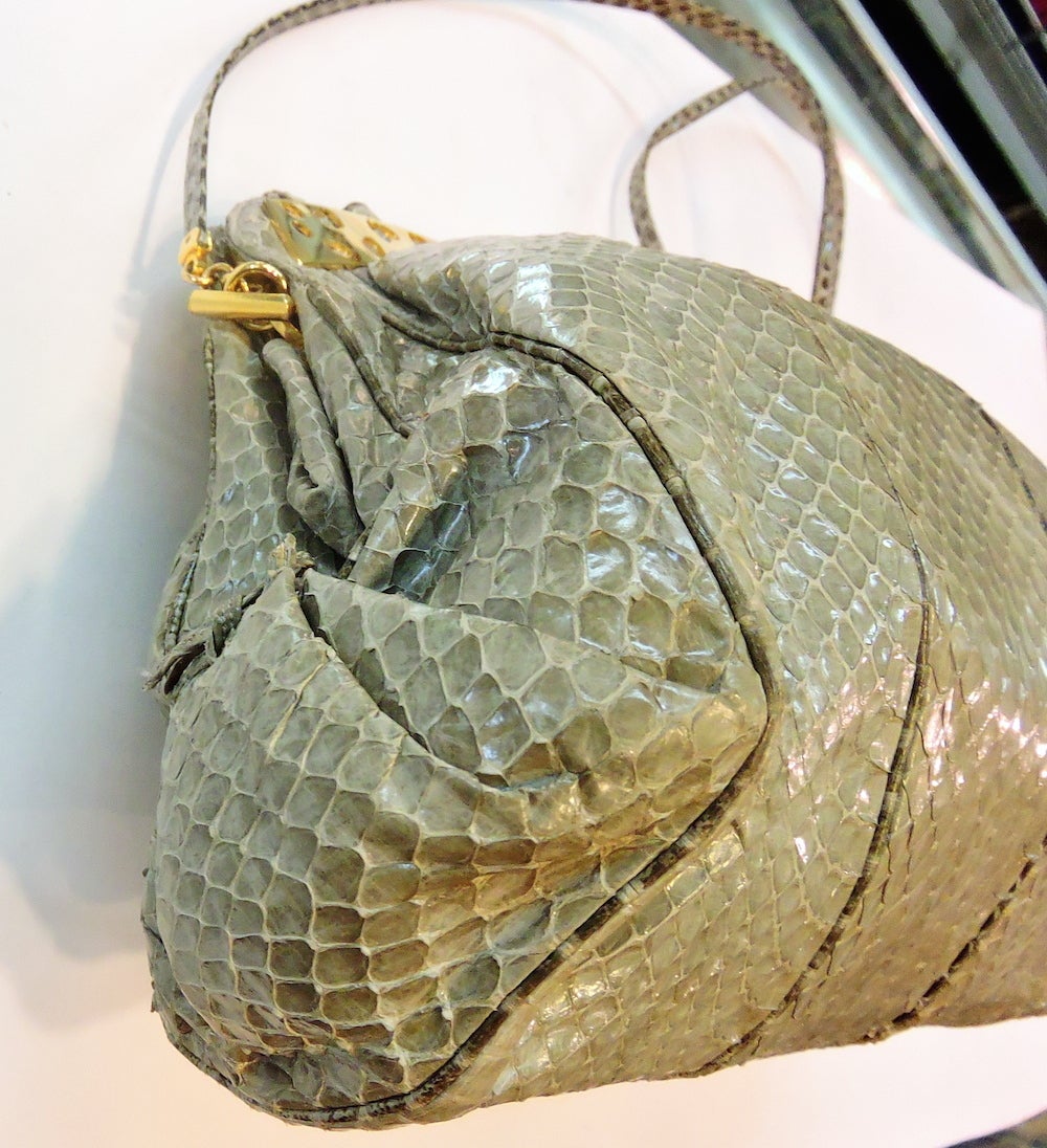 Vintage Signed Judith Leiber Gray Snakeskin Handbag 1