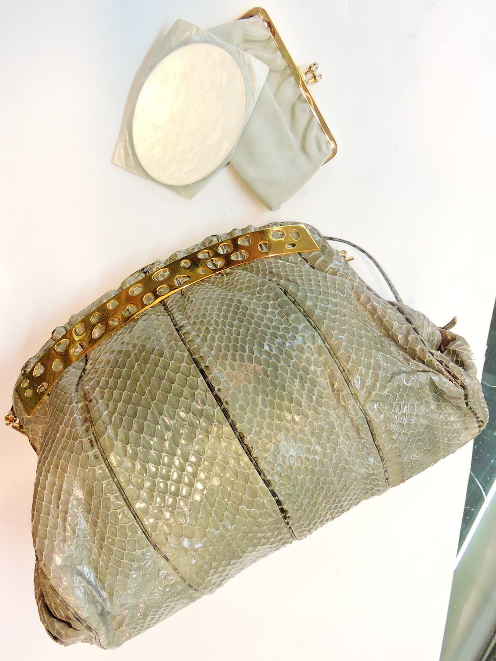 Vintage Signed Judith Leiber Gray Snakeskin Handbag 4