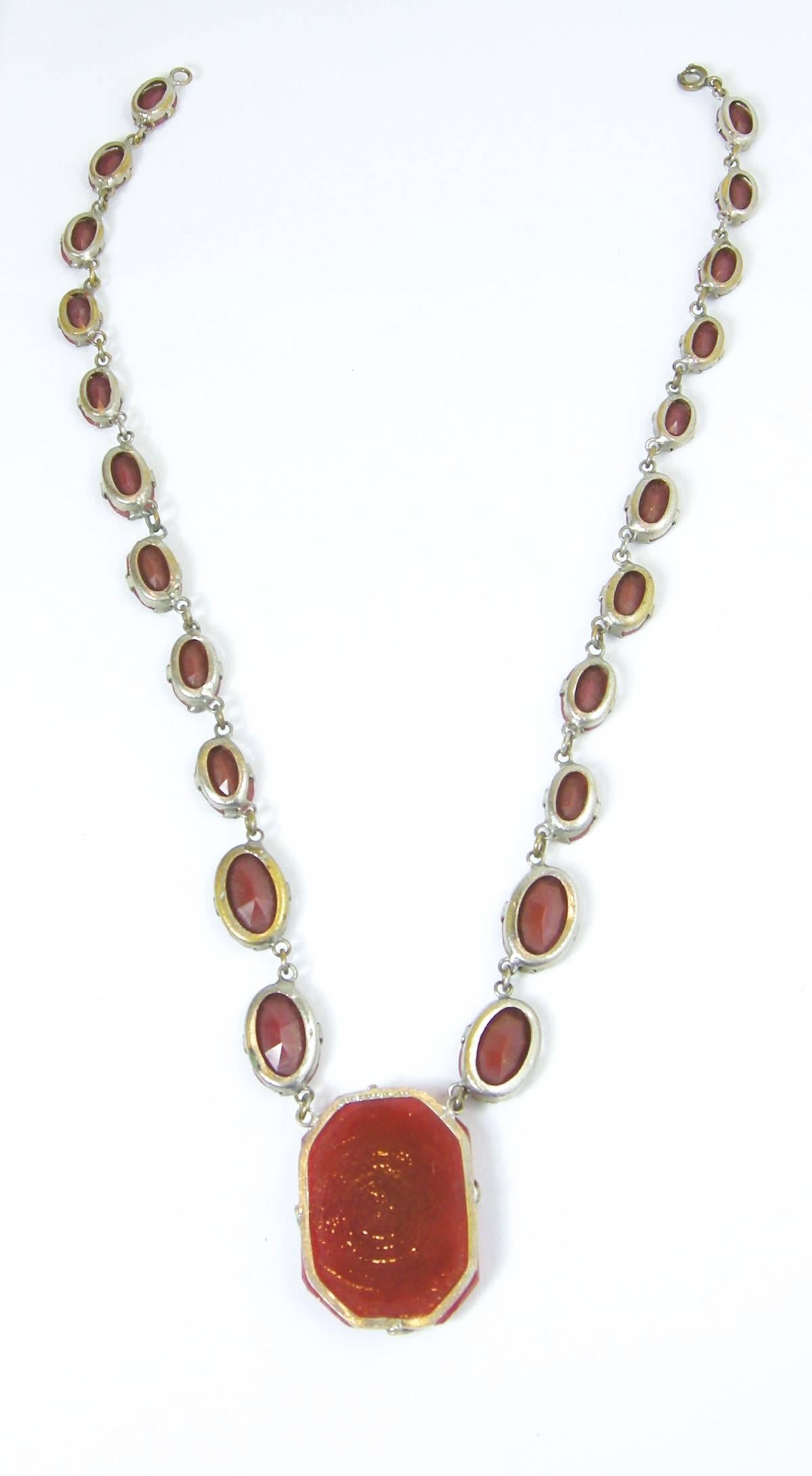Vintage 30s Floral Carved Carnelian Sterling Silver Necklace In Excellent Condition In New York, NY