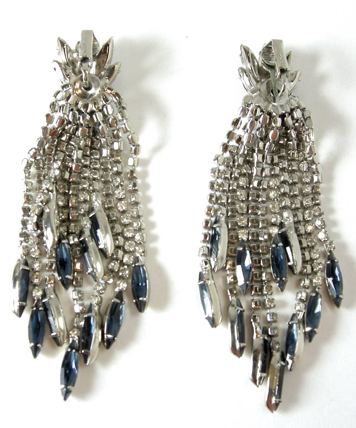 Vintage Glitzy 70s Signed Kramer Blue & Clear Rhinestone Dangling Earrings In Excellent Condition In New York, NY