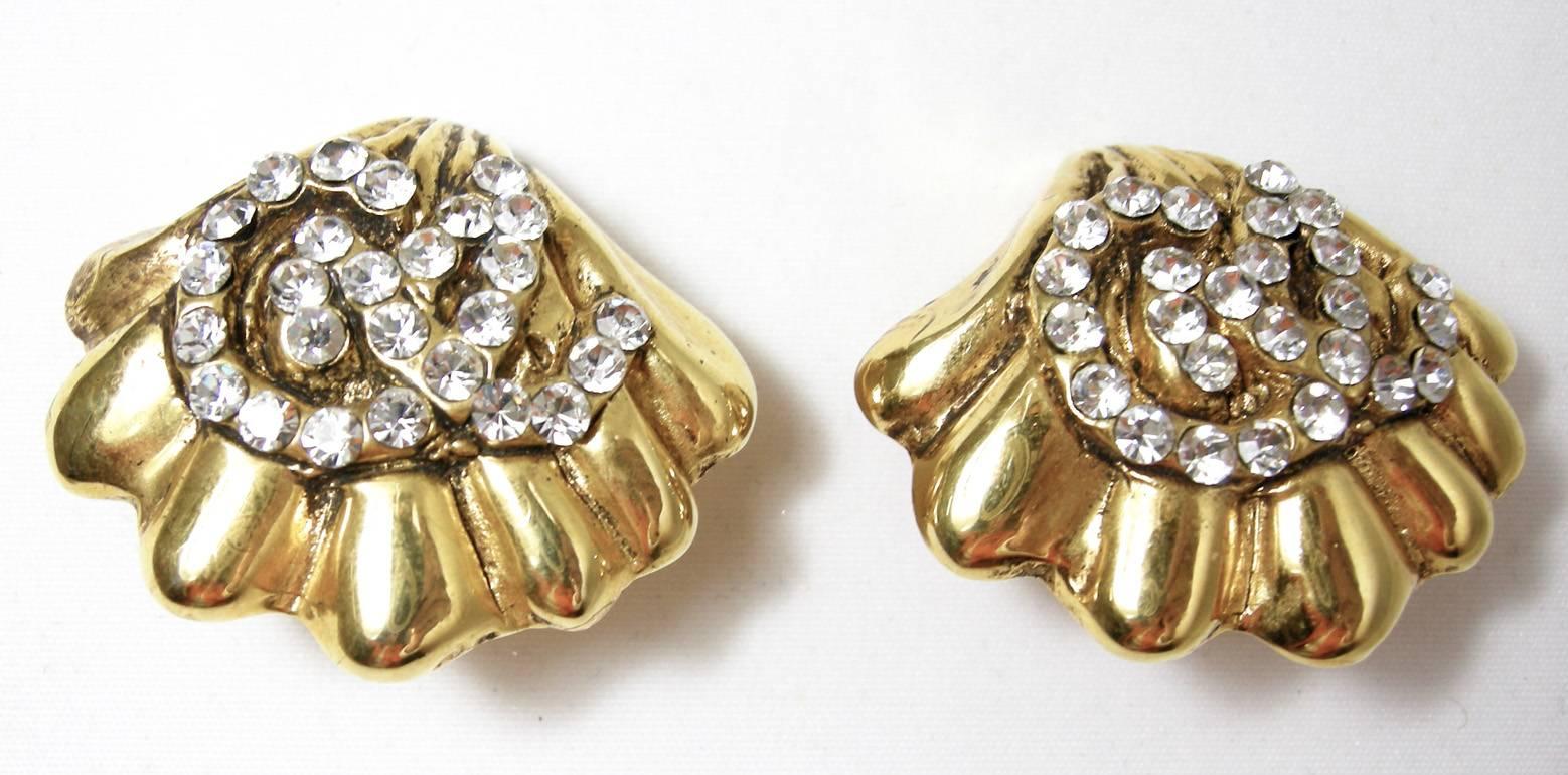 Vintage  Christian LaCroix Rhinestone Shell Design Earrings In Excellent Condition In New York, NY