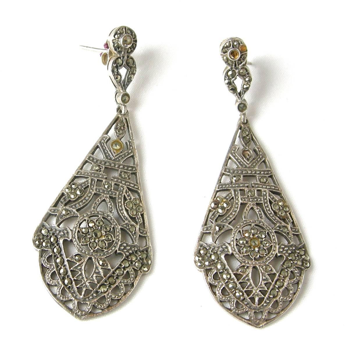 Vintage Art Deco Sterling Silver & Marcasites Pierced Earrings In Excellent Condition In New York, NY