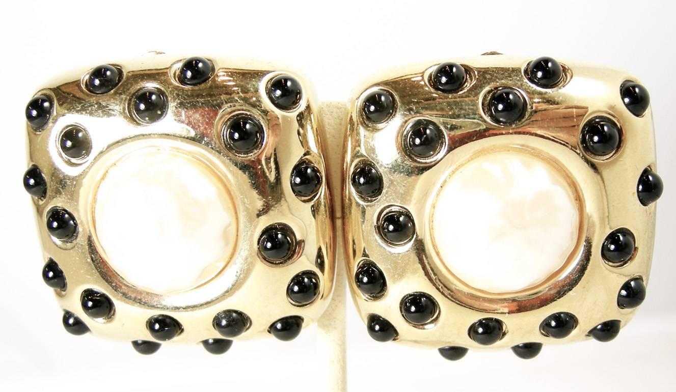 Vintage Signed Givenchy Faux Pearl & Black Glass Bead Earrings In Excellent Condition In New York, NY