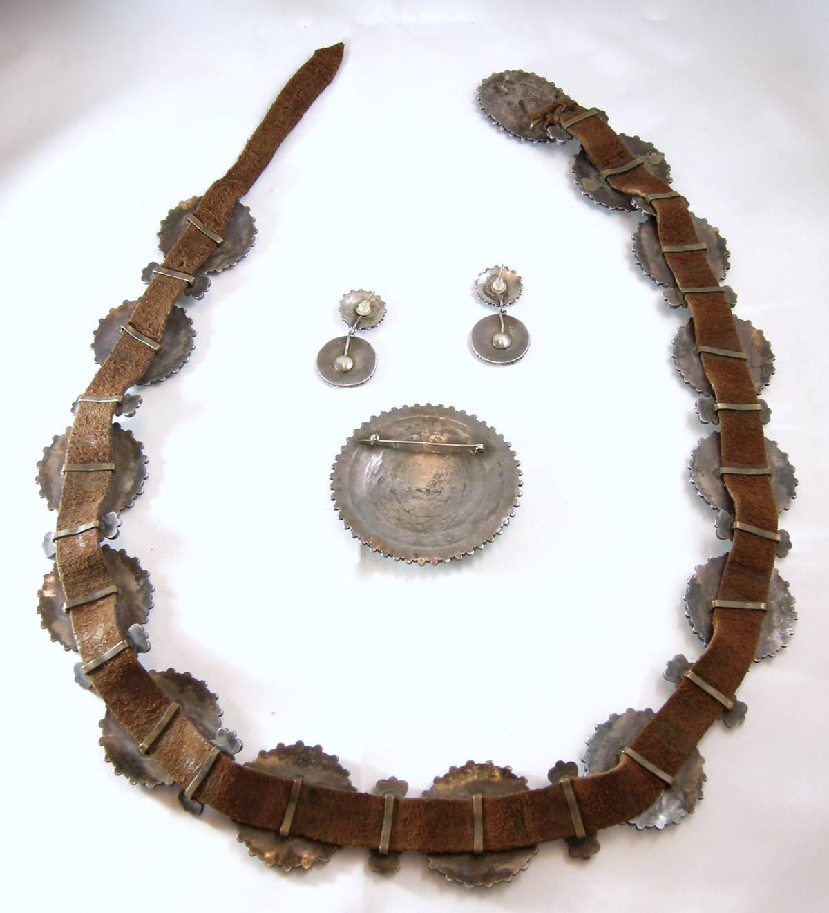 Early Sterling Silver Zuni Collection Of Turquoise Medallion Belt, Earrings And  In Excellent Condition In New York, NY