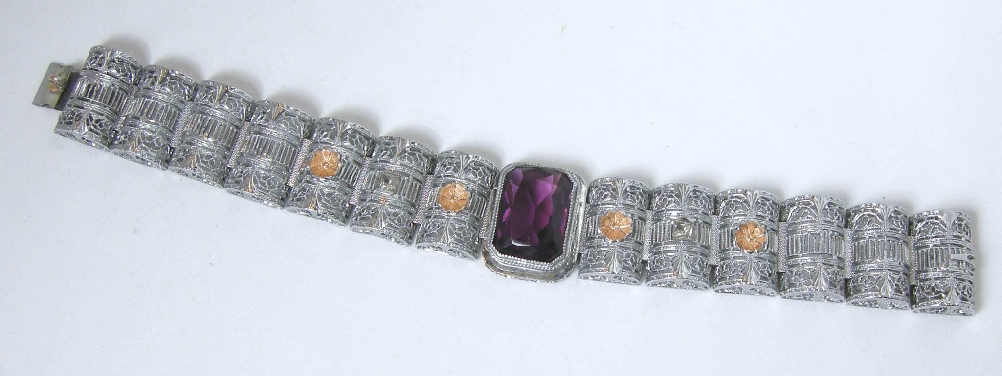 Vintage Retro Amethyst Glass, Mixed Metal Openwork Bracelet In Excellent Condition For Sale In New York, NY