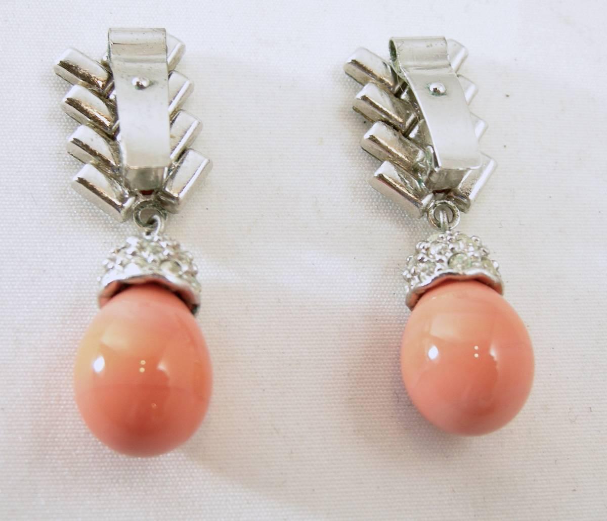 Vintage 1960s Faux Coral & Rhinestone Drop Earrings In Excellent Condition In New York, NY