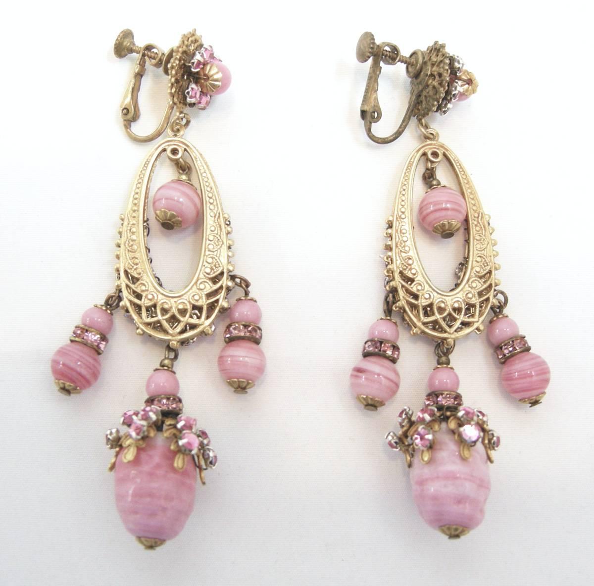 Women's Vintage Rare Signed Miriam Haskell 1940s Pink Duster Earrings   