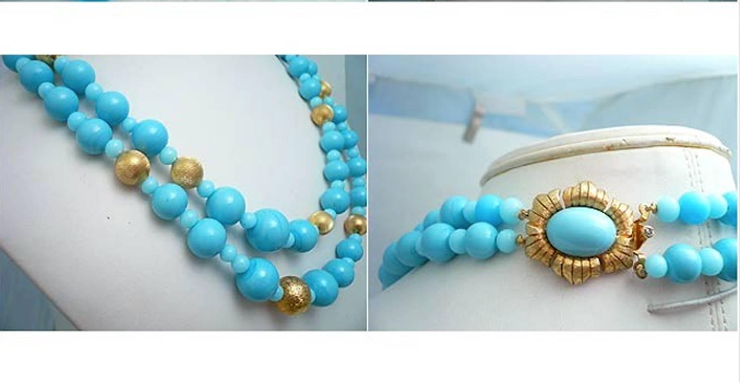 Vintage Signed Joseph Mazer 2-Strand Faux Turquoise Bead Necklace In Excellent Condition In New York, NY