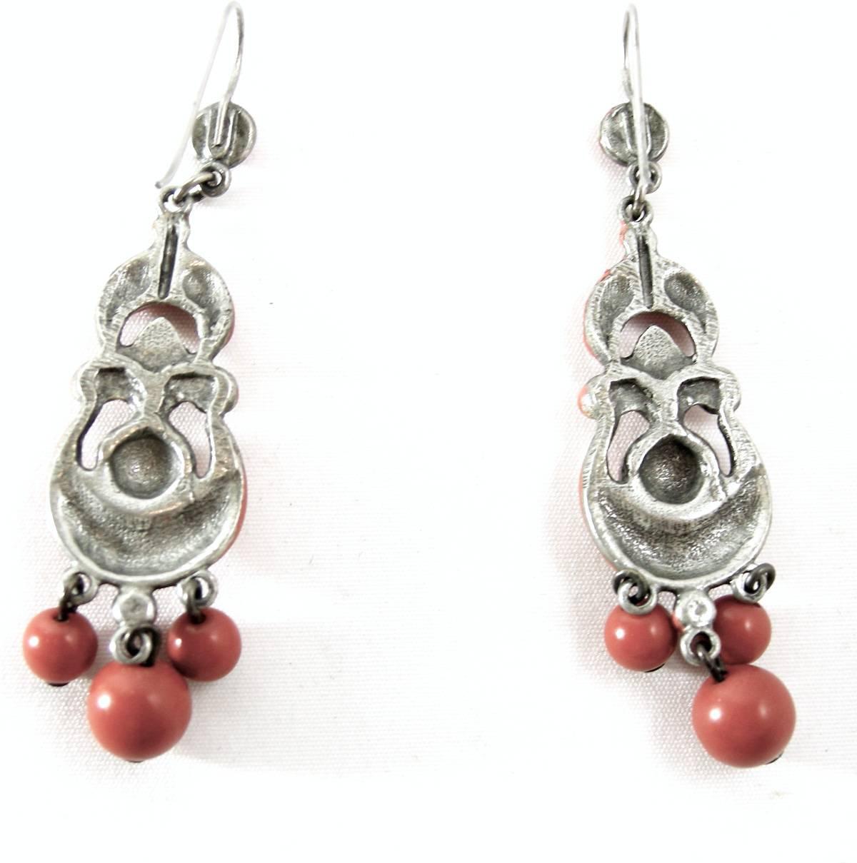 Original Victorian Coral Color Enameled Chandelier Earrings In Excellent Condition In New York, NY