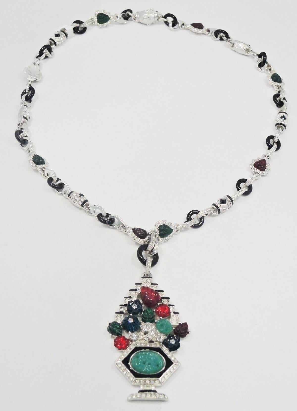  Kenneth J. Lane Fruit Salad & Rhinestone Pendant Necklace In Excellent Condition In New York, NY