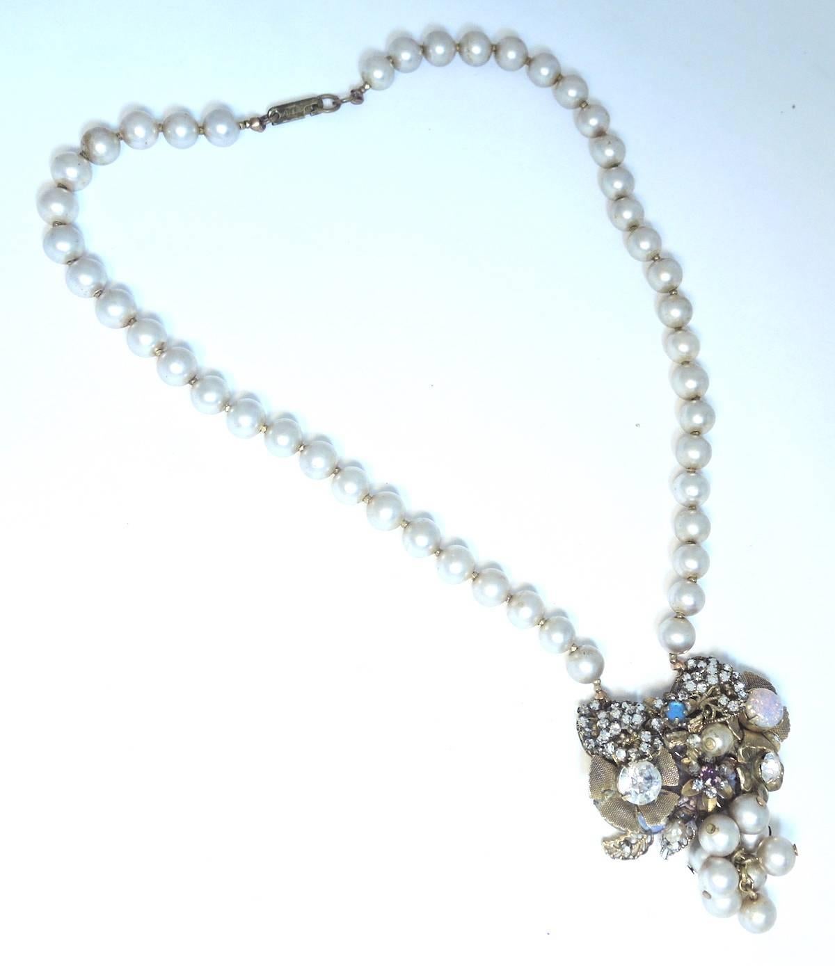 Vintage 1940s Signed Miriam Haskell Faux Pearl & Opal Necklace 2