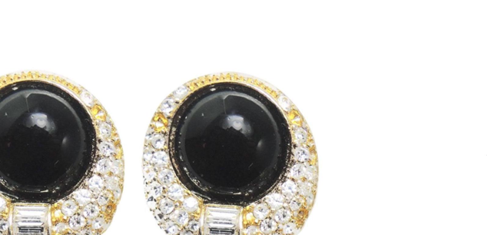 Women's Vintage 1970s Christian Dior Black Glass and Crystal Clip Earrings