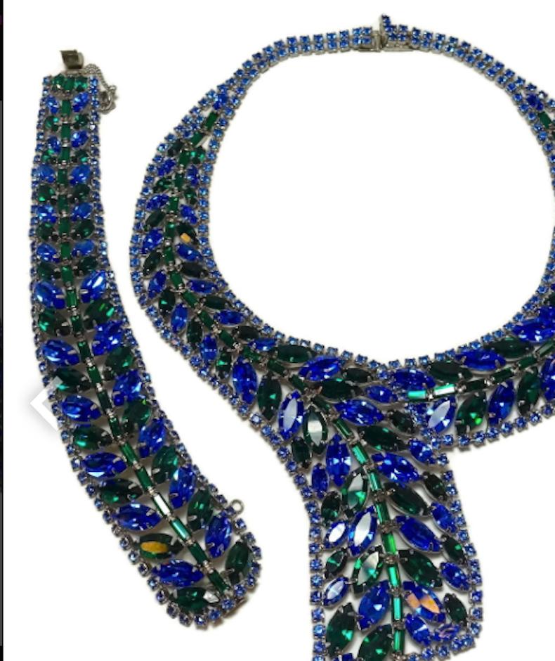 Vintage Weiss Blue & Green Crystals Necklace & Bracelet In Excellent Condition For Sale In New York, NY