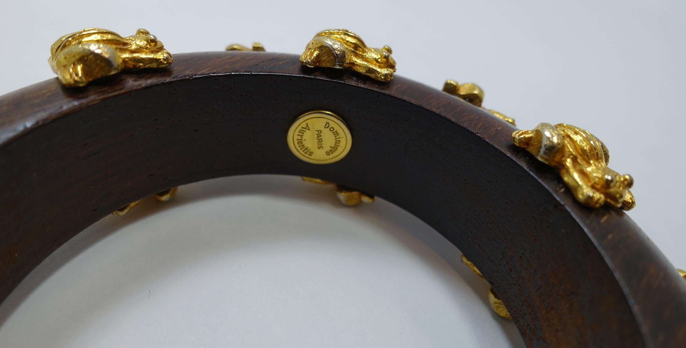 Dominique Aurientis Frogs Vintage Gold and Wood Bangle Bracelet 1