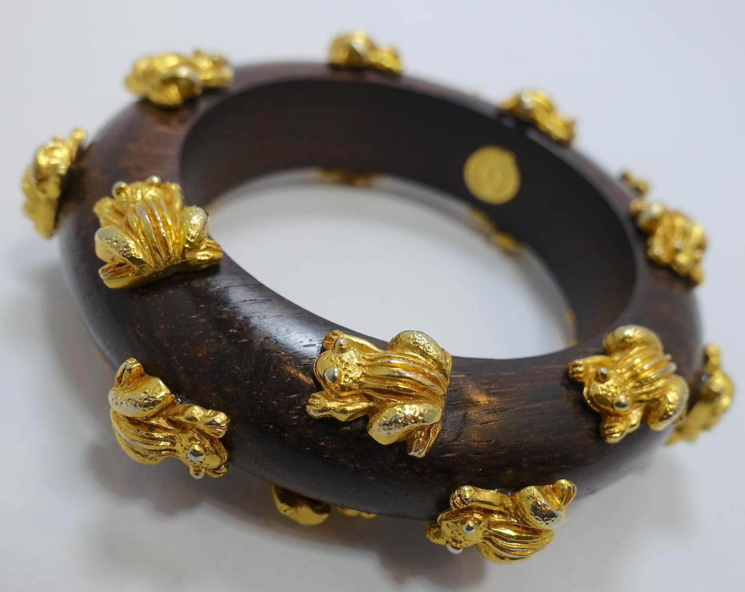 Dominique Aurientis Frogs Vintage Gold and Wood Bangle Bracelet 2