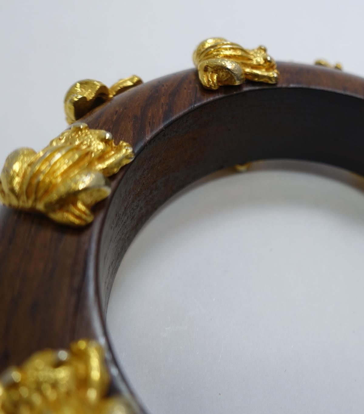 Dominique Aurientis Frogs Vintage Gold and Wood Bangle Bracelet 3