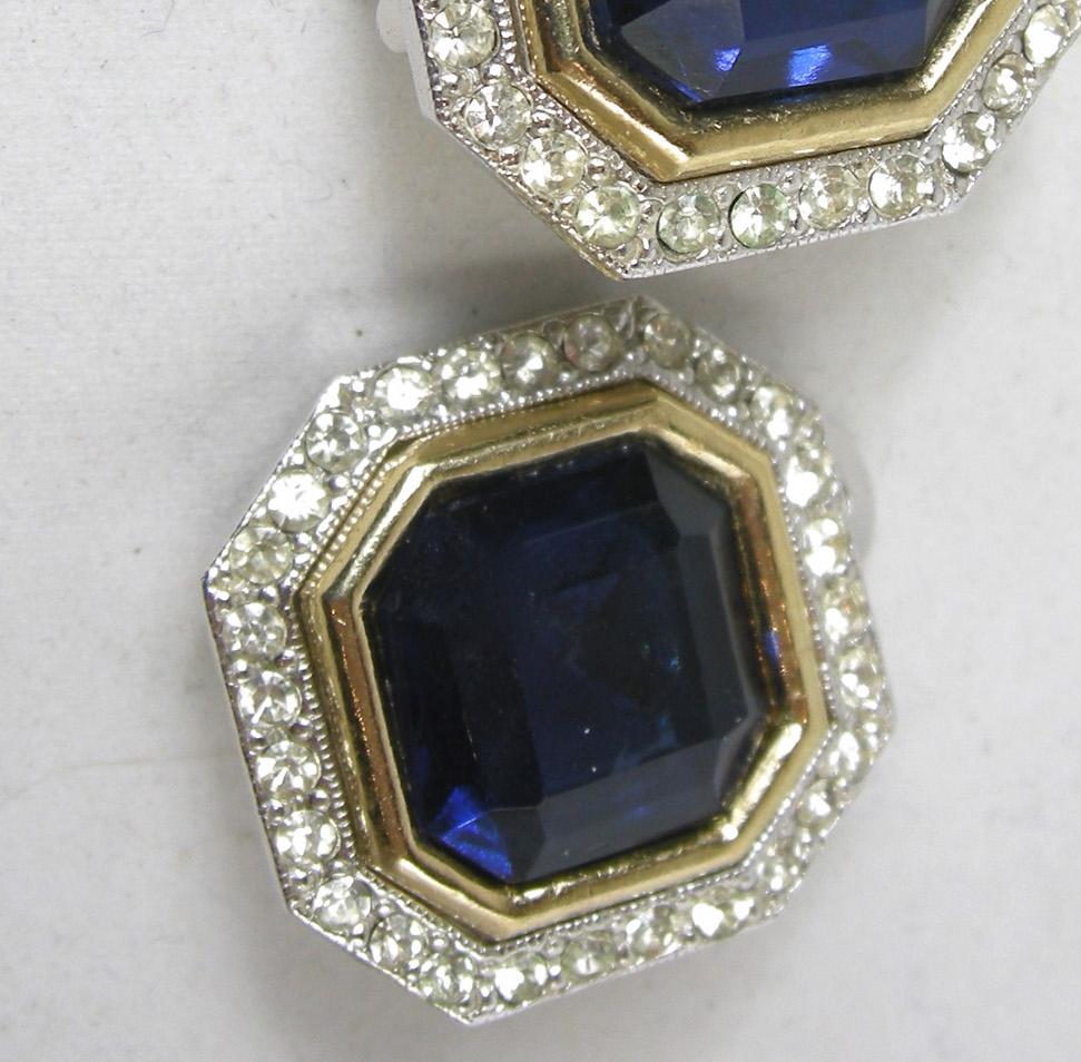 Vintage Rhinestone Hexagon Royal Blue Earrings In Excellent Condition In New York, NY