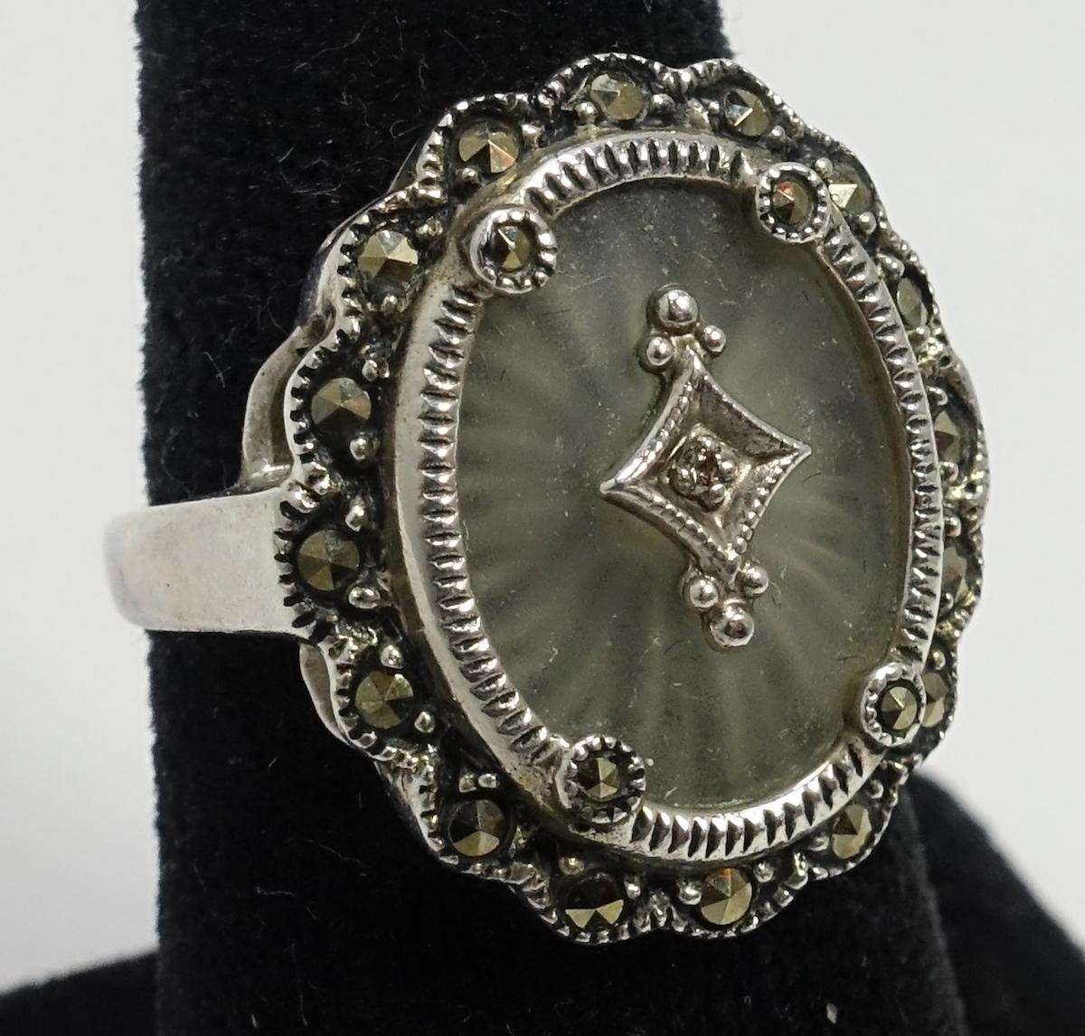 Women's or Men's Vintage Diamond & Marcasite Camphor Glass Sterling Silver Ring, Sz 9 For Sale