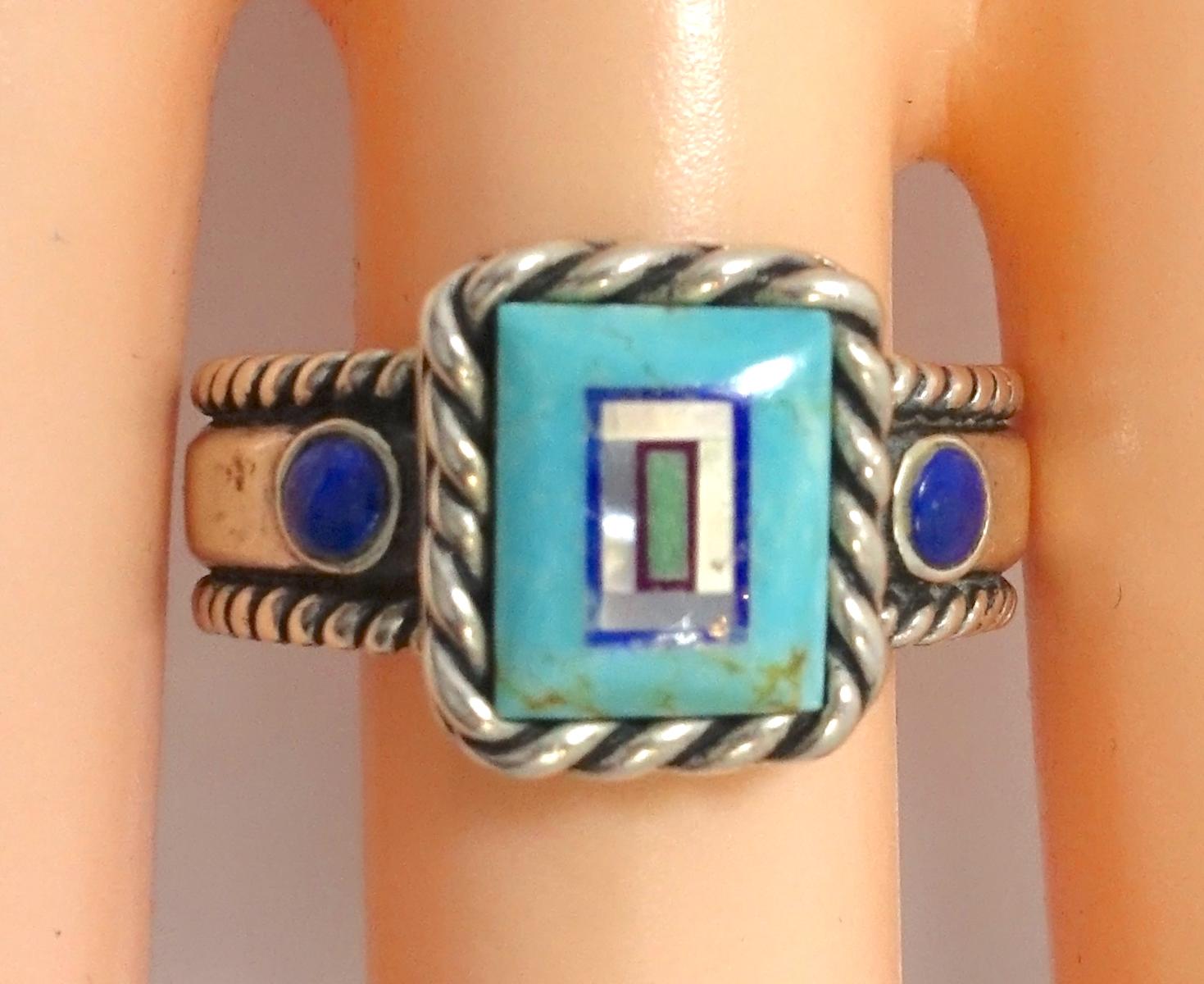 Vintage Signed CQS Turquoise, Lapis & Mother of Pearl Sterling Silver Ring, Sz 9 For Sale 1
