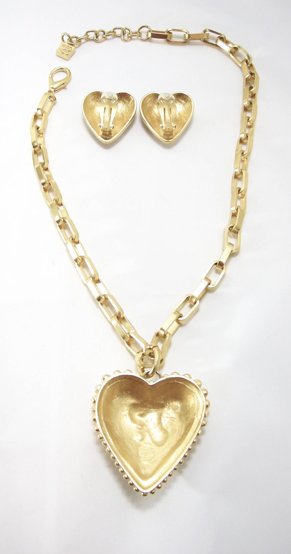 Vintage 80s Karl Lagerfeld Heart Necklace and Earrings In Excellent Condition In New York, NY
