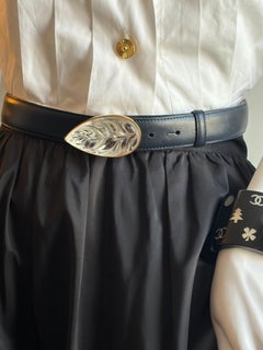 LALIQUE Vintage Navy Leather Belt Carved Crystal Leaf Buckle 1990s