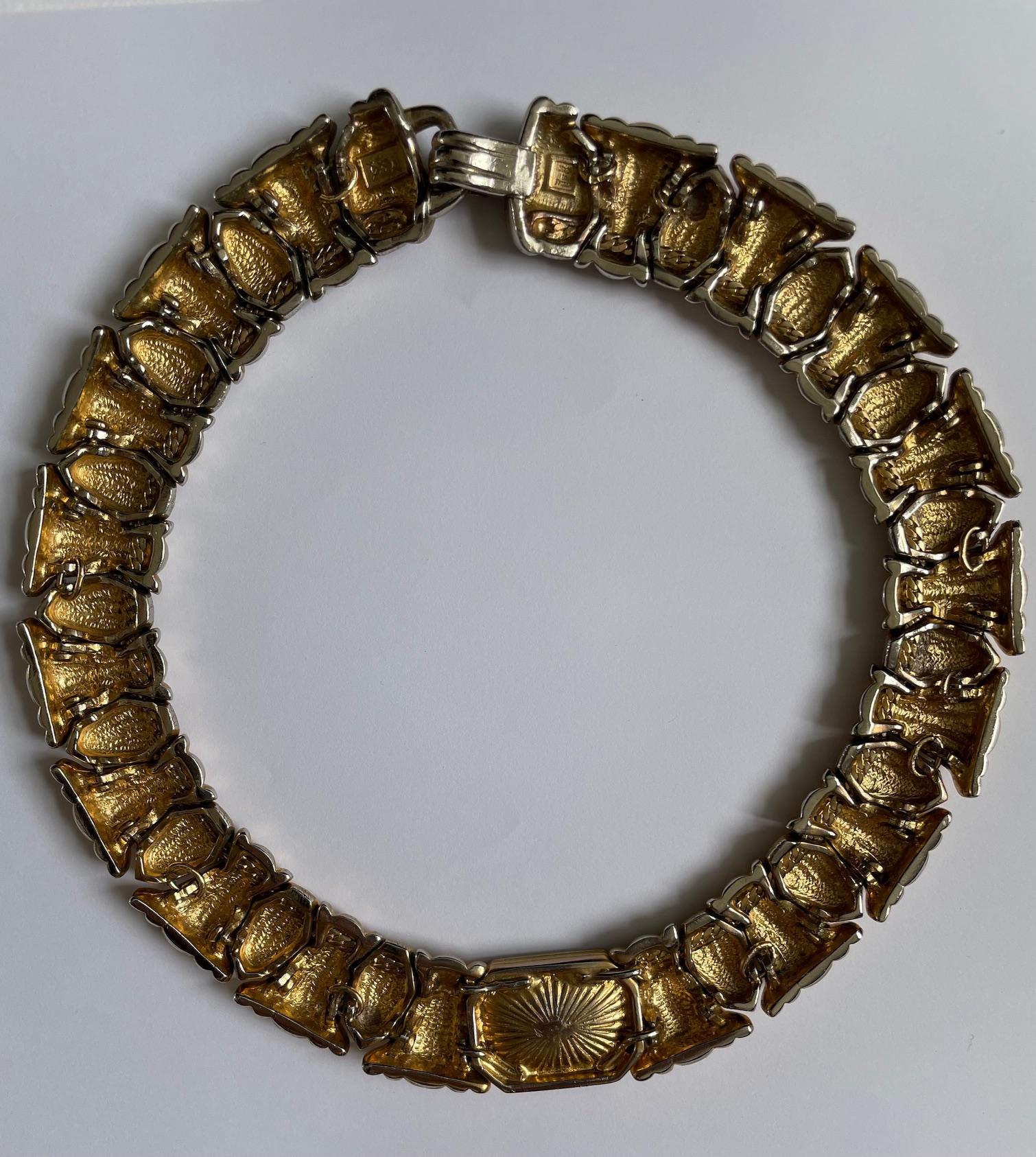 Vintage YVES SAINT LAURENT Gold Plated Textured Emerald Crystal Necklace 1980s For Sale 9