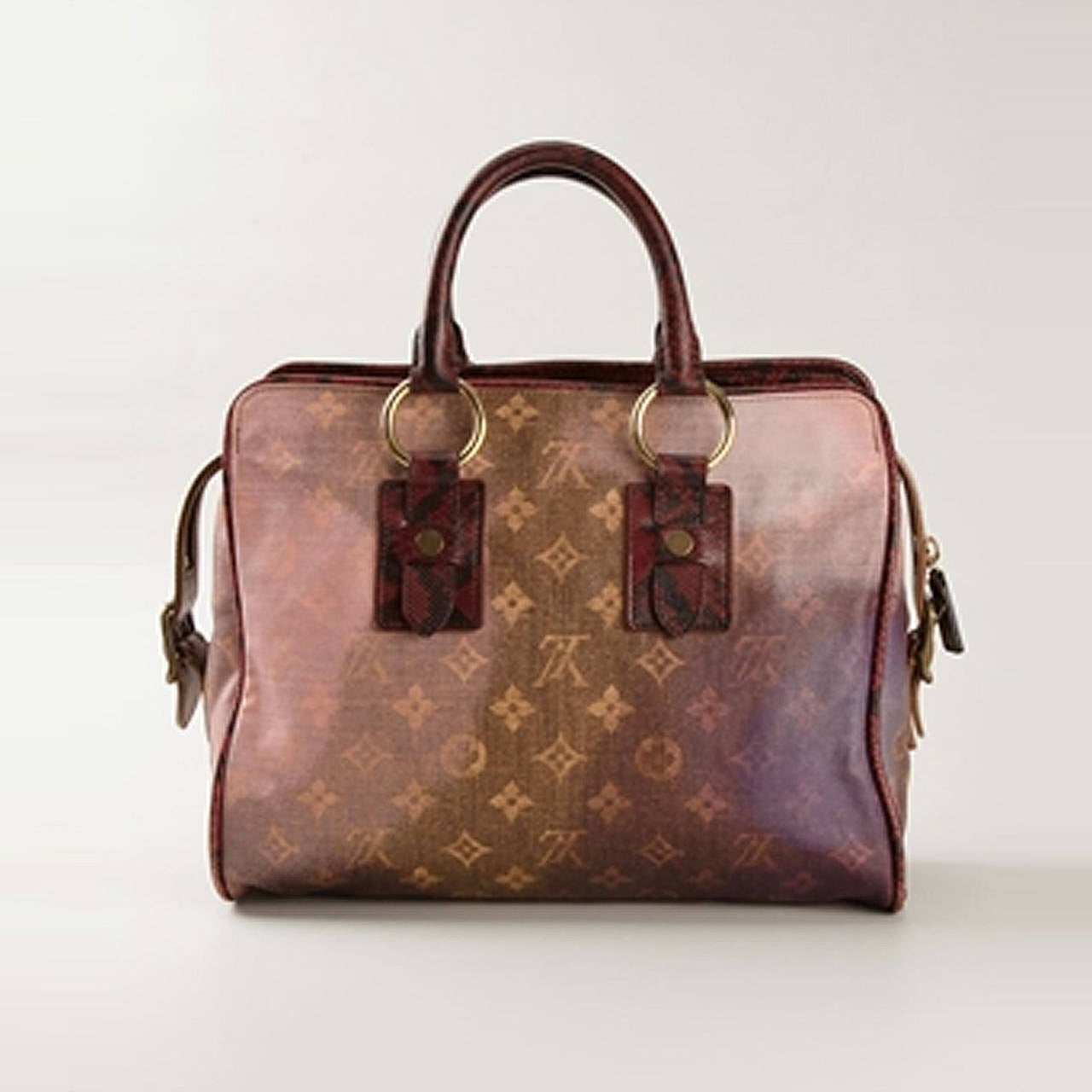 Multicoloured Leather and Snakeskin Louis Vuitton x Richard Prince 'Mancrazy Jokes' tote from Louis Vuitton Vintage featuring a classic shape, a monogram print, Gold-tone hardware, a Leather trim, buckle details, round top handles, a top zip