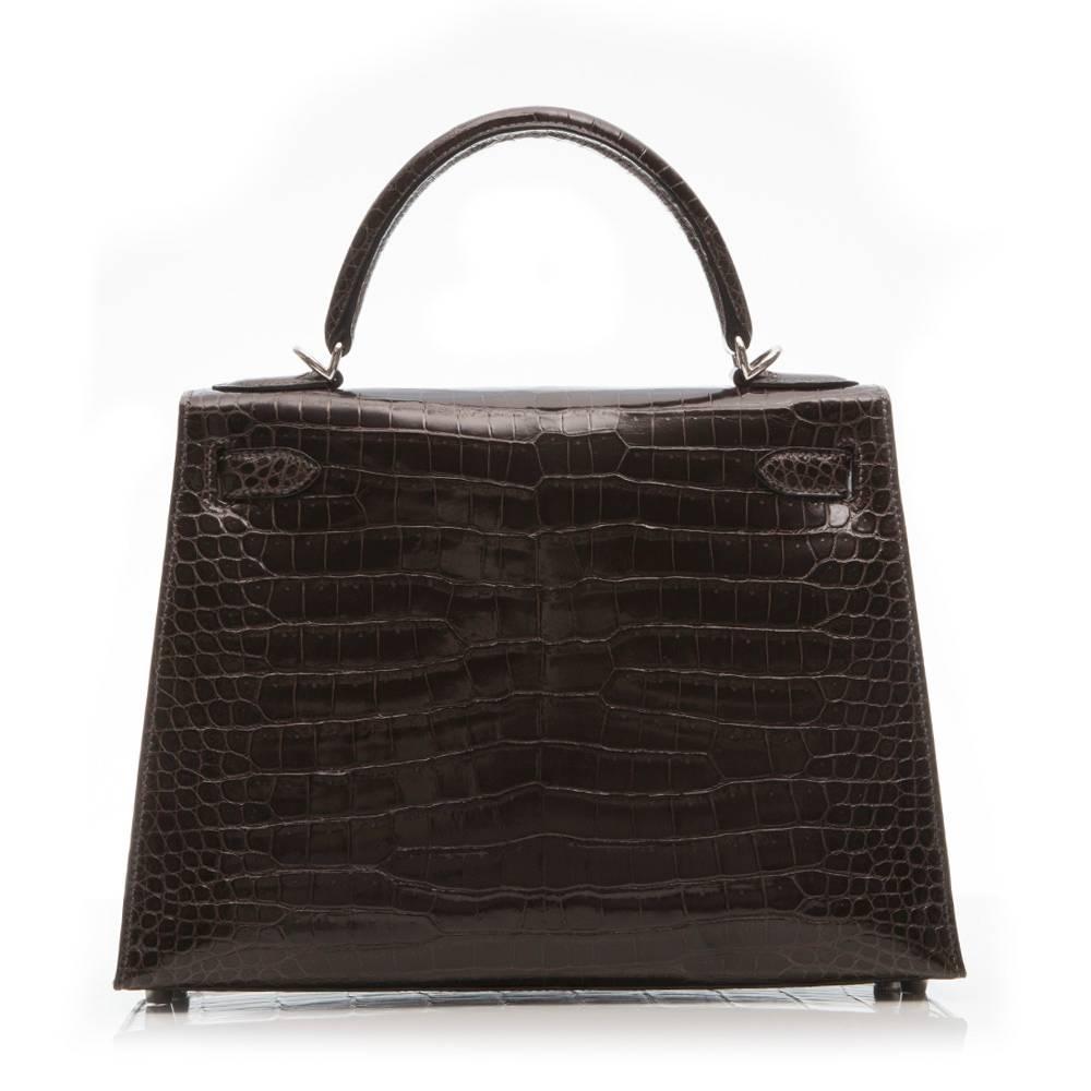 Black Hermes 28cm Cocaon Porosus Crocodile Kelly Bag