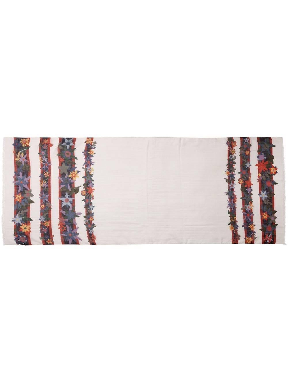White and multicoloured silk-cashmere blend floral striped printed scarf featuring frayed edges.

Colour: Multicolour

Material: Silk 20% / Cashmere 80%

Measurements: W: 65cm, L: 130cm

Condition: 10 out of 10
Excellent