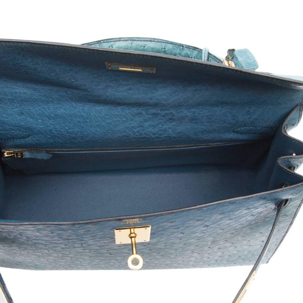 Hermes Vintage 32cm Blue Jean Ostrich Kelly In Good Condition In London, GB