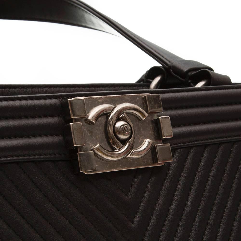 Chanel Black Chevron Leather Boy Shopper Tote Bag In Excellent Condition In London, GB