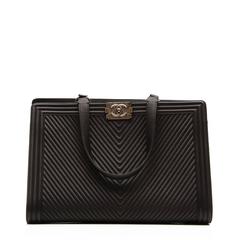 Chanel Black Chevron Leather Boy Shopper Tote Bag