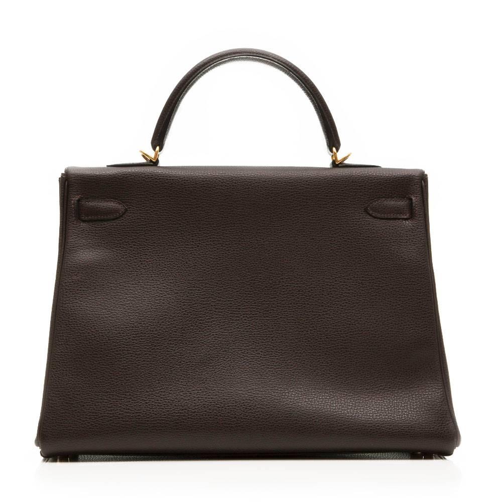 Black Hermes Cafe Brown Fjord Leather Kelly 35cm Handbag