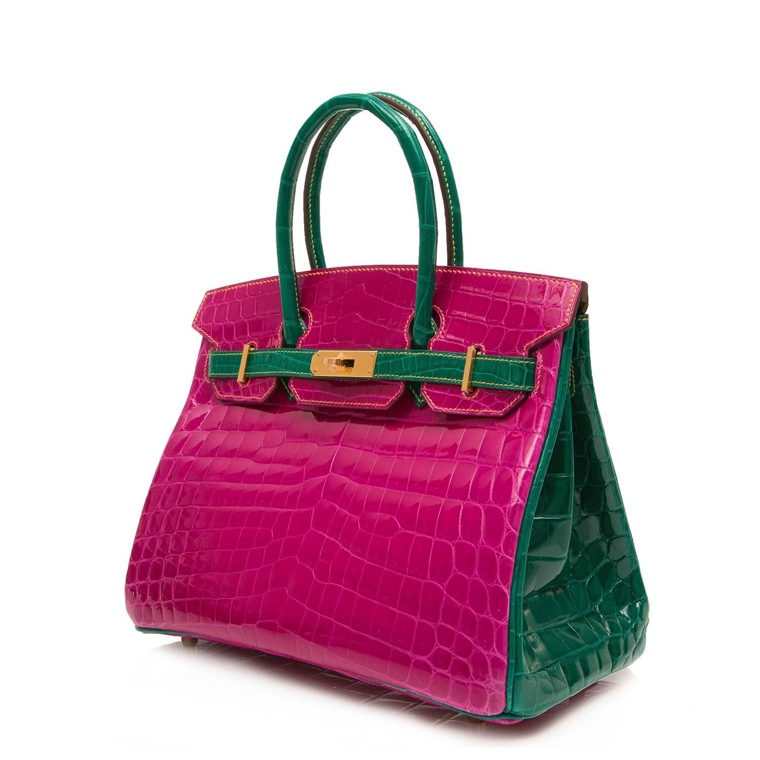 This Hermès 30 cm Birkin bag features  a vivid bi-tone of Rose Scheherazade and Emerald green Niloticus crocodile skin offset with gold-plated hardware and yellow stitching. This special order horseshoe Birkin 30 bag was purchased in 2016 and